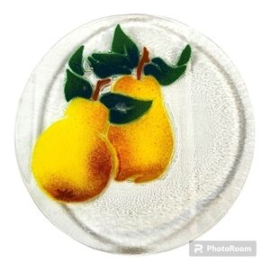 Peggy Karr FRUIT GARDEN Fused Art Glass PLATE PEAR 8" Yellow Tree Harvest